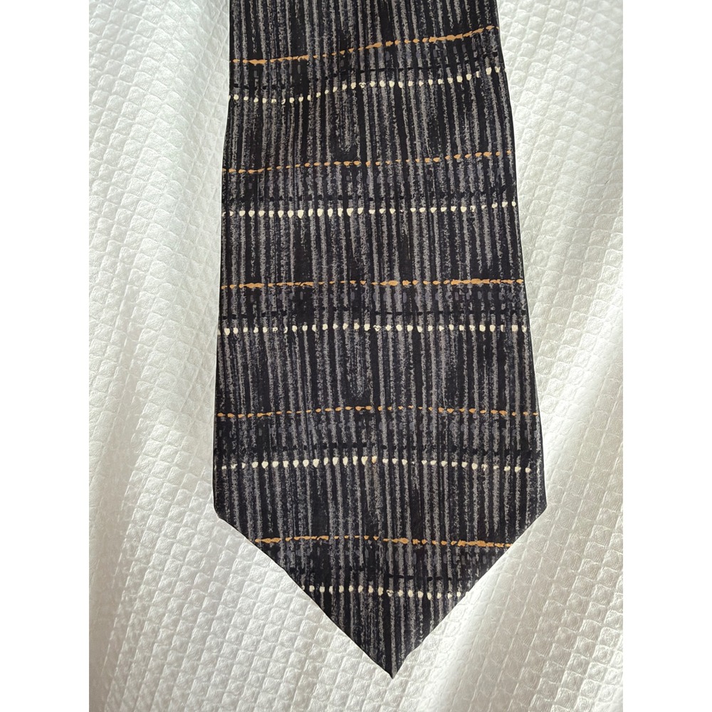 Ivy Crew Mens Silk Tie Black Grey Gold Abstract Striped Geometric Necktie
